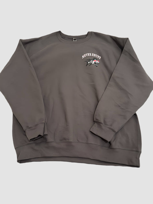 CUSTOM NEVER ENUFF CREW NECK SWEATSHIRT IN CHARCOAL GRAY